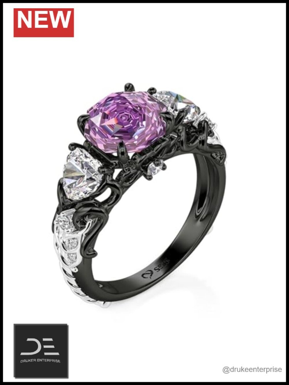 Sterling Silver Three-Stone Purple Rose Ring, Moss Agate CZ Sparkling Statement
